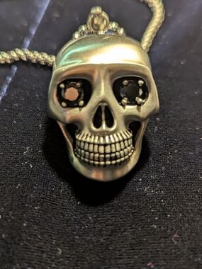 Matte Silver Tone Skull Pendant Necklace with Black Simulated Diamond Eyes